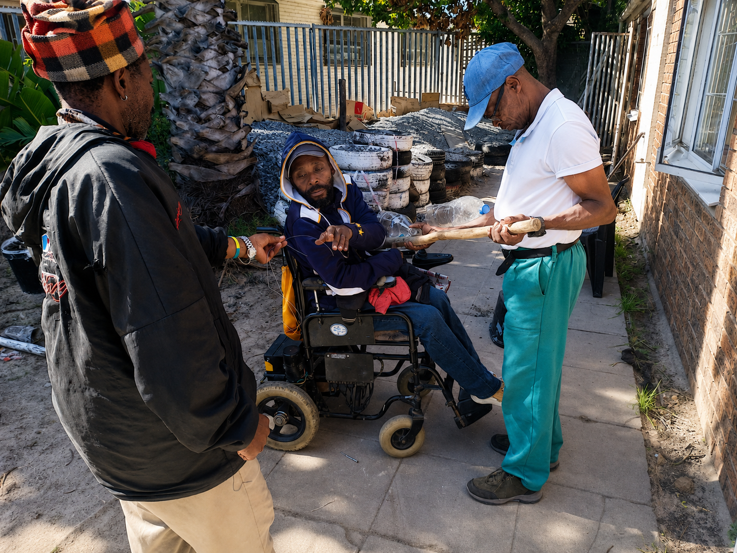 People working together with materials in an outdoor space at Tembaletu